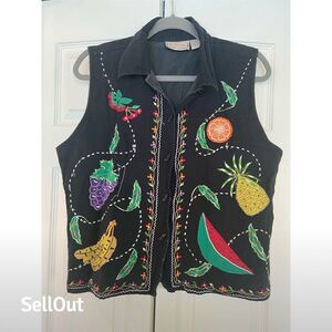 Vintage 90s Fruit Embroidered Vest Women's L Multicolor Retro Style